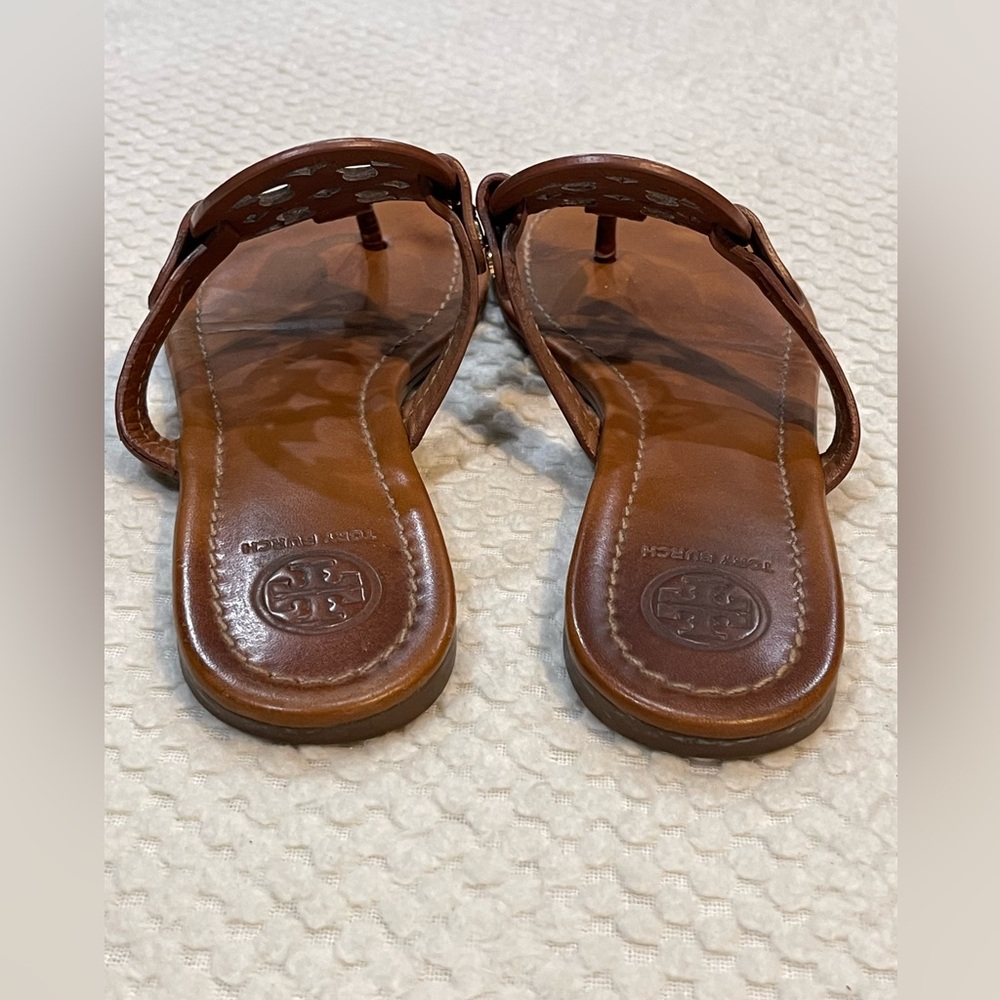 Tory Burch Tan Brown Leather Logo Thong Sandals - Picture 3 of 7